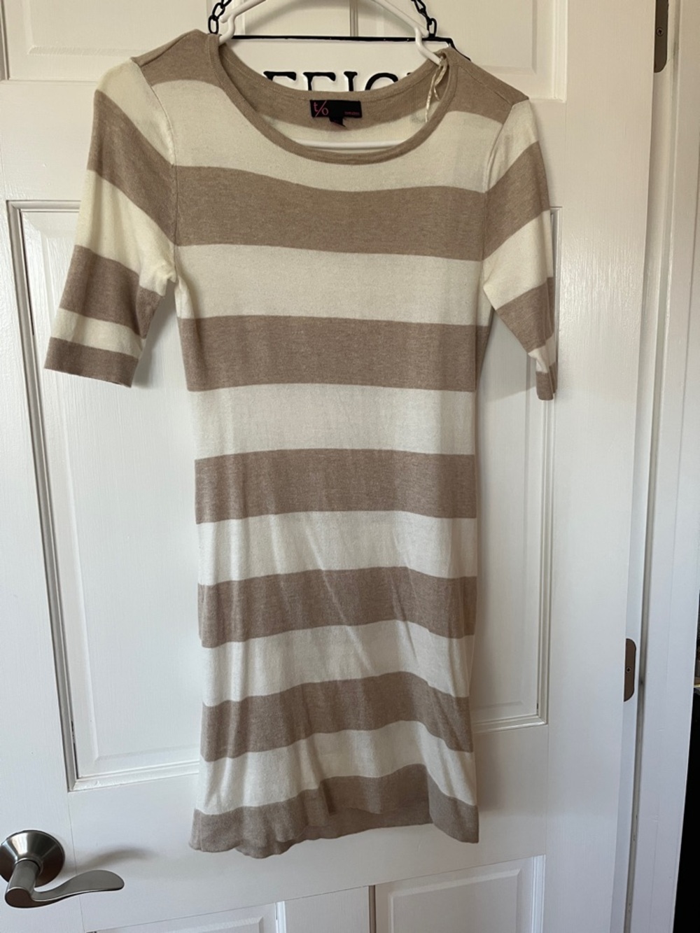 t/o Beige and Cream Striped Midi Knit Dress